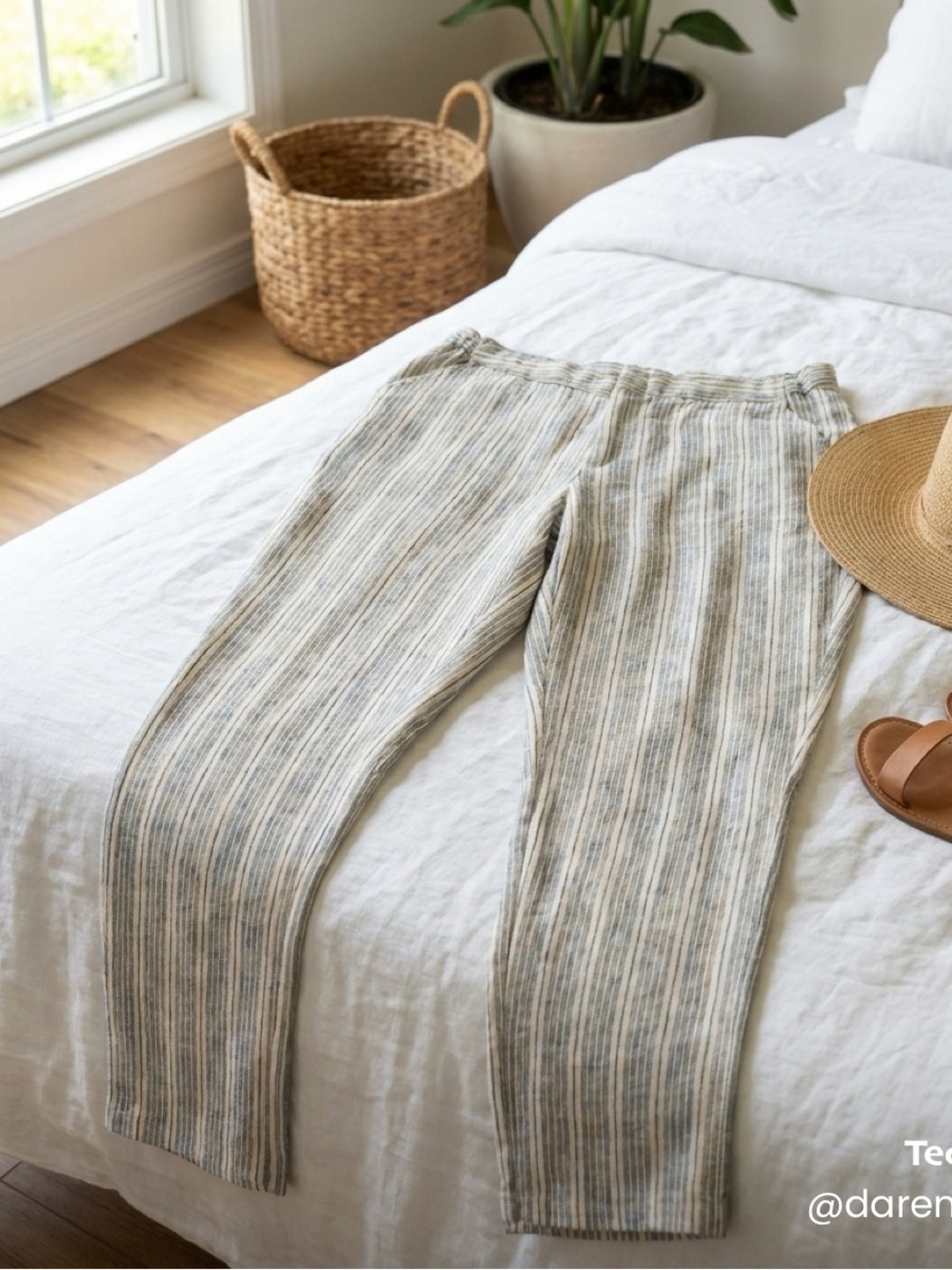 Coldwater Creek Women's Linen Striped Knit Pants in Cream and Blue